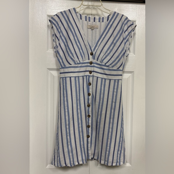 LOFT Blue and White Striped Button-Front V-Neck Dress - Picture 12 of 16
